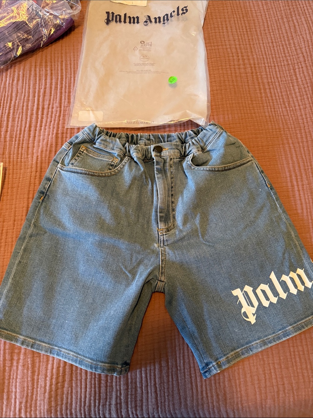Palm Angels Blue Denim Shorts with White Logo